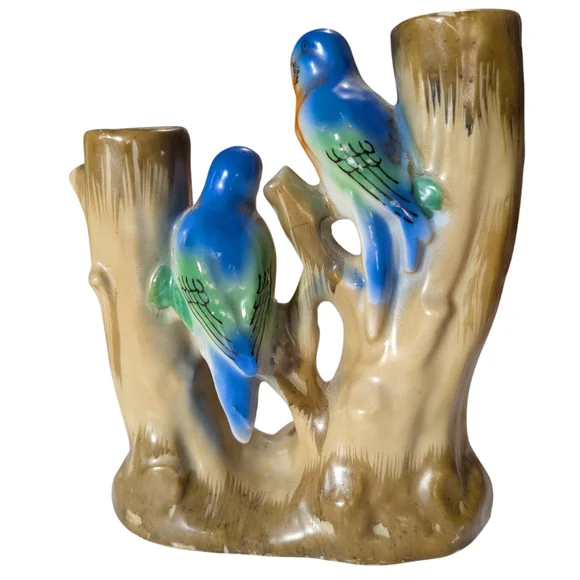 Vintage Art Deco Ceramic Parakeet Double‎ Stem Bud Vase Japan - Picture 2 of 6